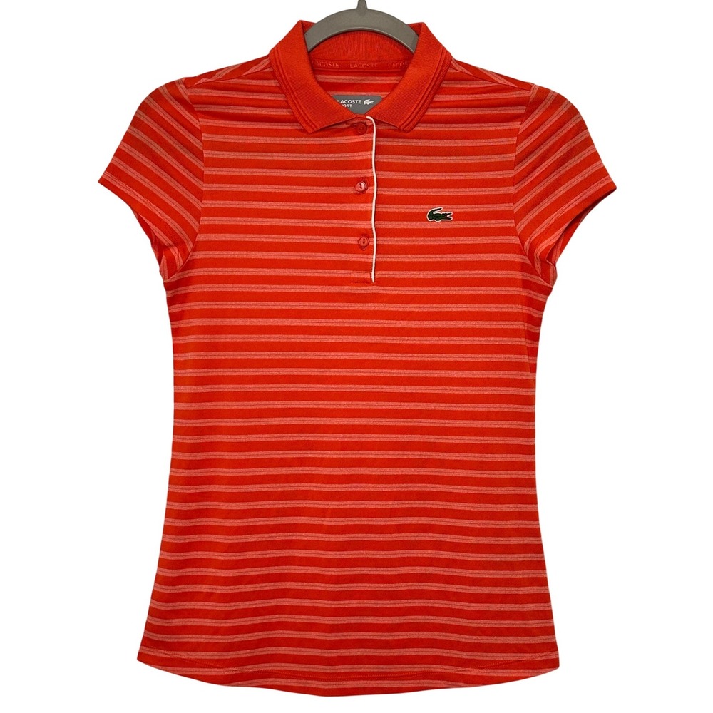 Lacoste Sport Womens Orange Striped Short Sleeve Polo Shirt Sz 32 XS Golf Tennis